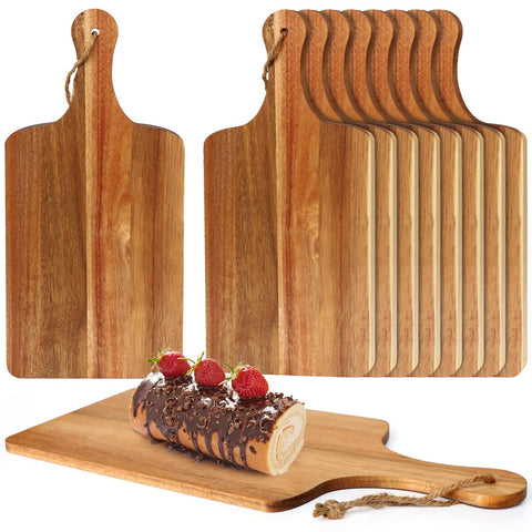 Aweyka acacia cutting board with handles and rope for easy wall storage.