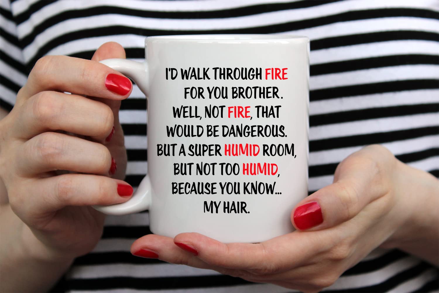AW Fashions 11oz brother mug in-hand for travel-ready use