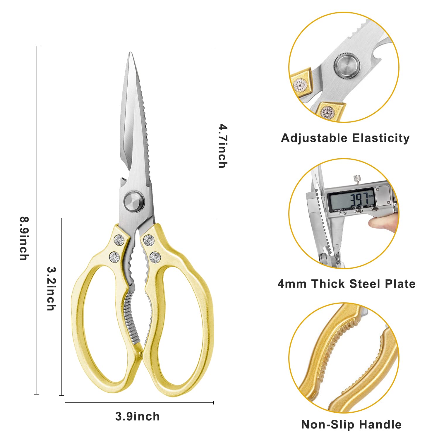 AWinjoy kitchen scissors with golden handles for comfortable grip.