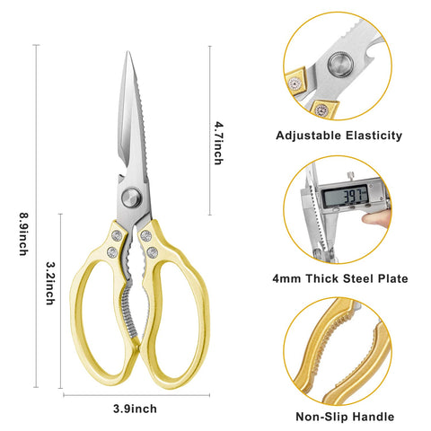 AWinjoy kitchen scissors with golden handles for comfortable grip.