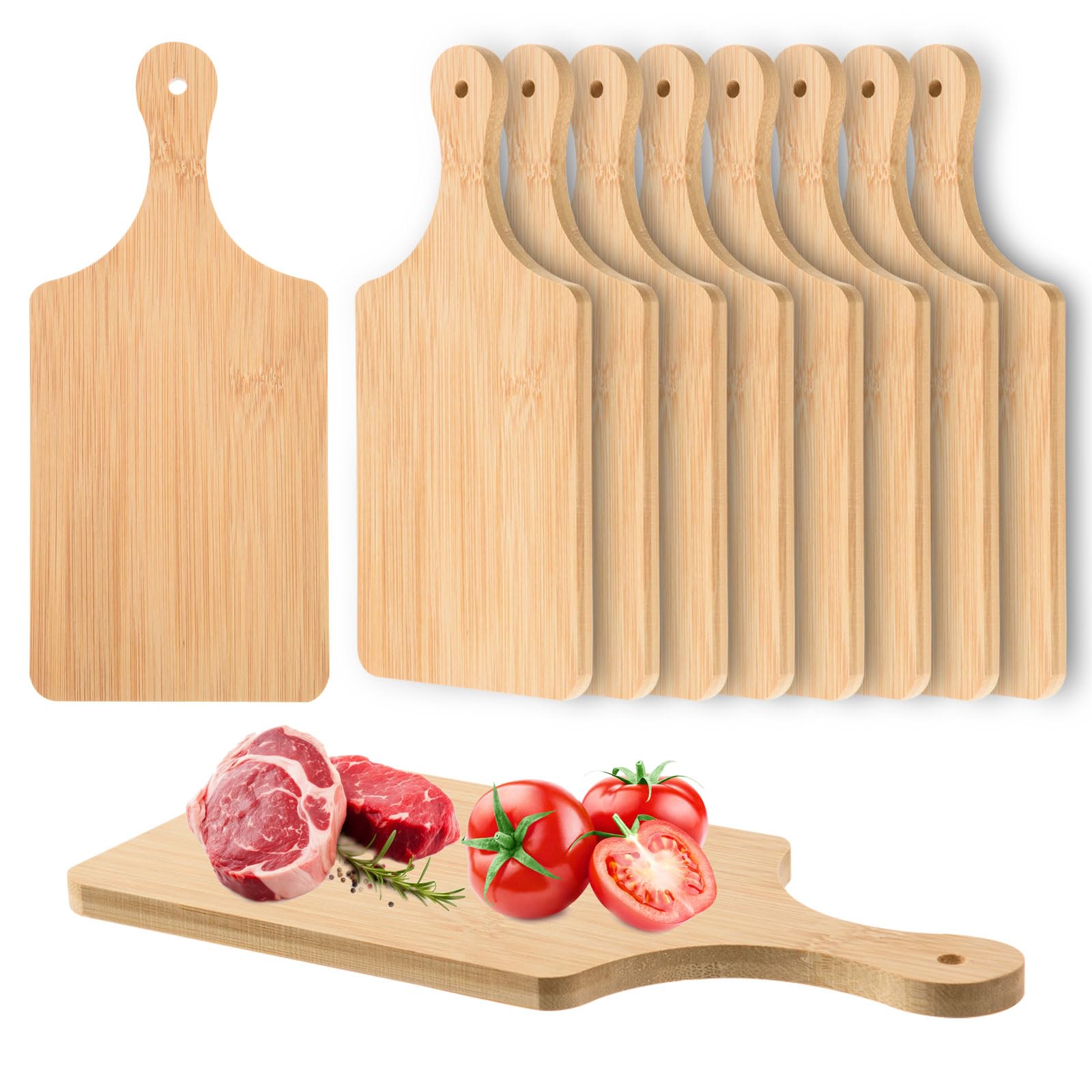 AWIZOM bamboo cutting board with handle for easy grip and wall storage.