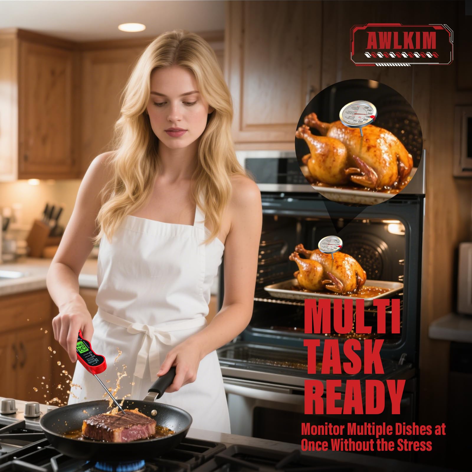 AWLKIM instant-read thermometer with backlit display for easy use.