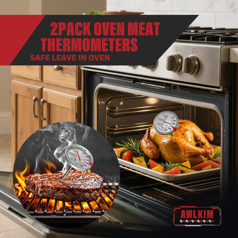 AWLKIM stainless steel dial thermometer withstands up to 500°F for roasting.
