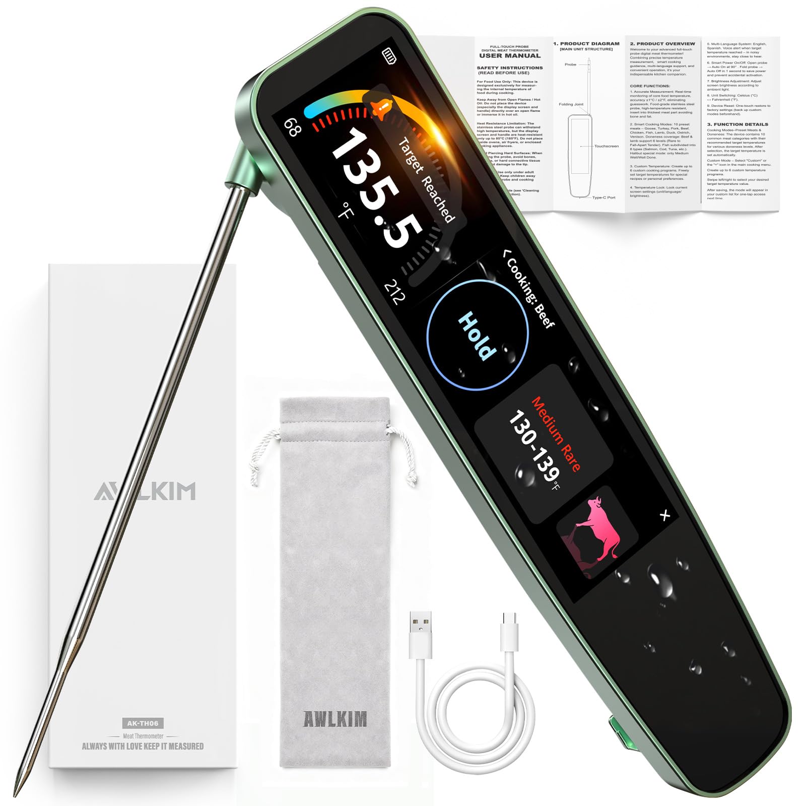 AWLKIM thermometer with 3.8-inch HD touchscreen for fast, precise readings