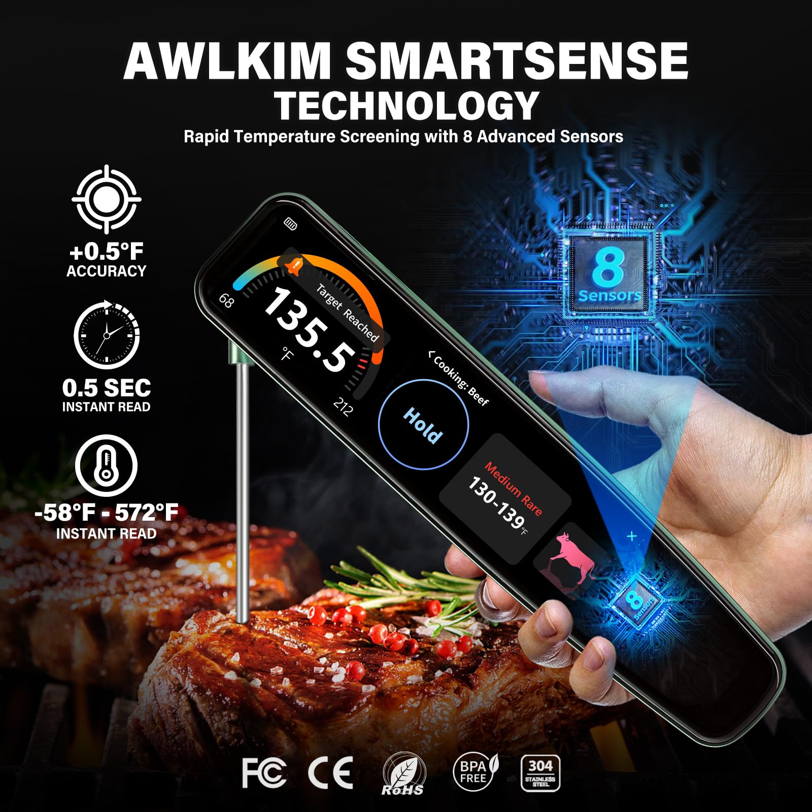 Folding 3.8-inch probe on AWLKIM thermometer for versatile cooking