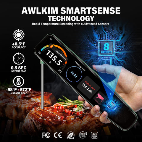 Folding 3.8-inch probe on AWLKIM thermometer for versatile cooking