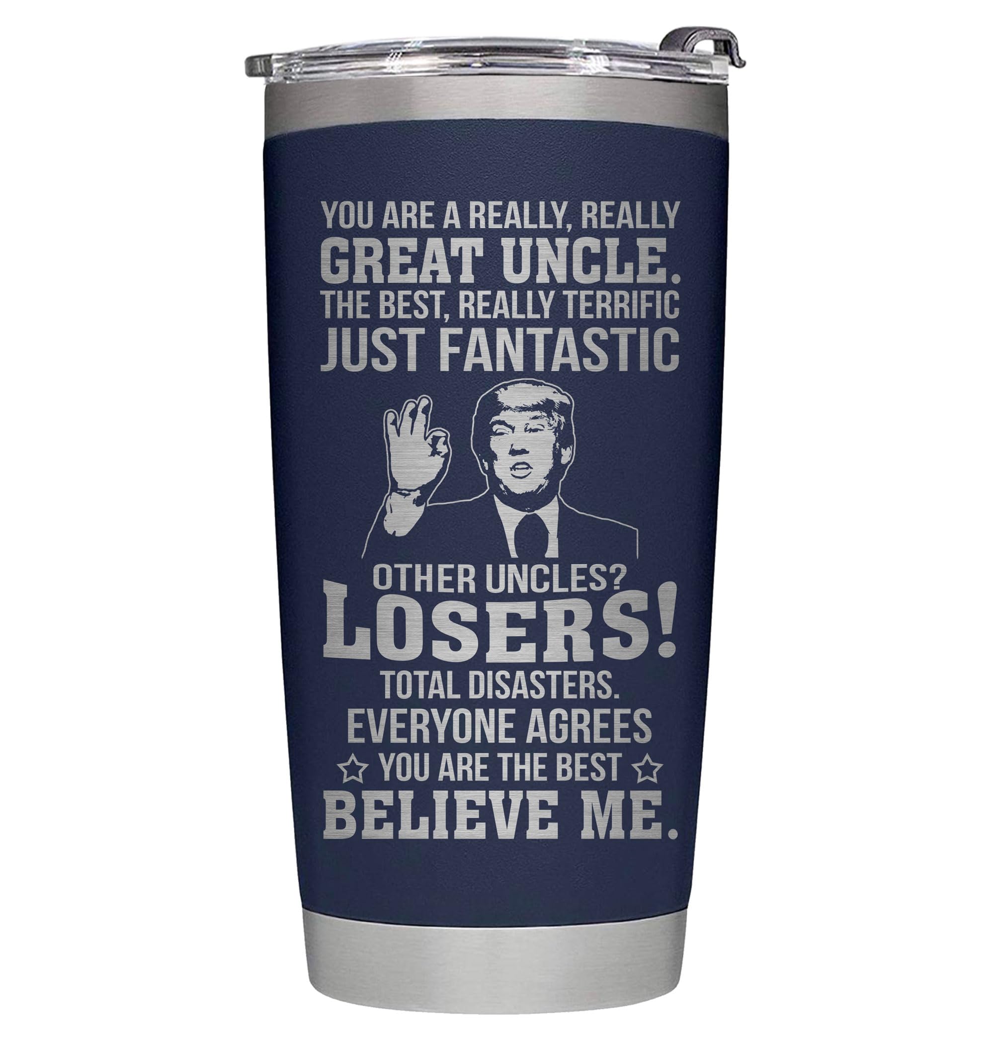 AWTHATMAZING great-uncle-tumbler in navy keeps drinks hot or cold on the go.