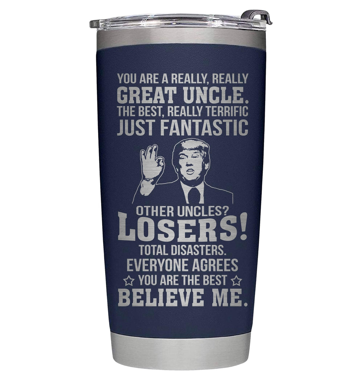 AWTHATMAZING great-uncle-tumbler in navy keeps drinks hot or cold on the go.