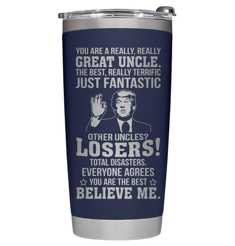 AWTHATMAZING great-uncle-tumbler in navy keeps drinks hot or cold on the go.