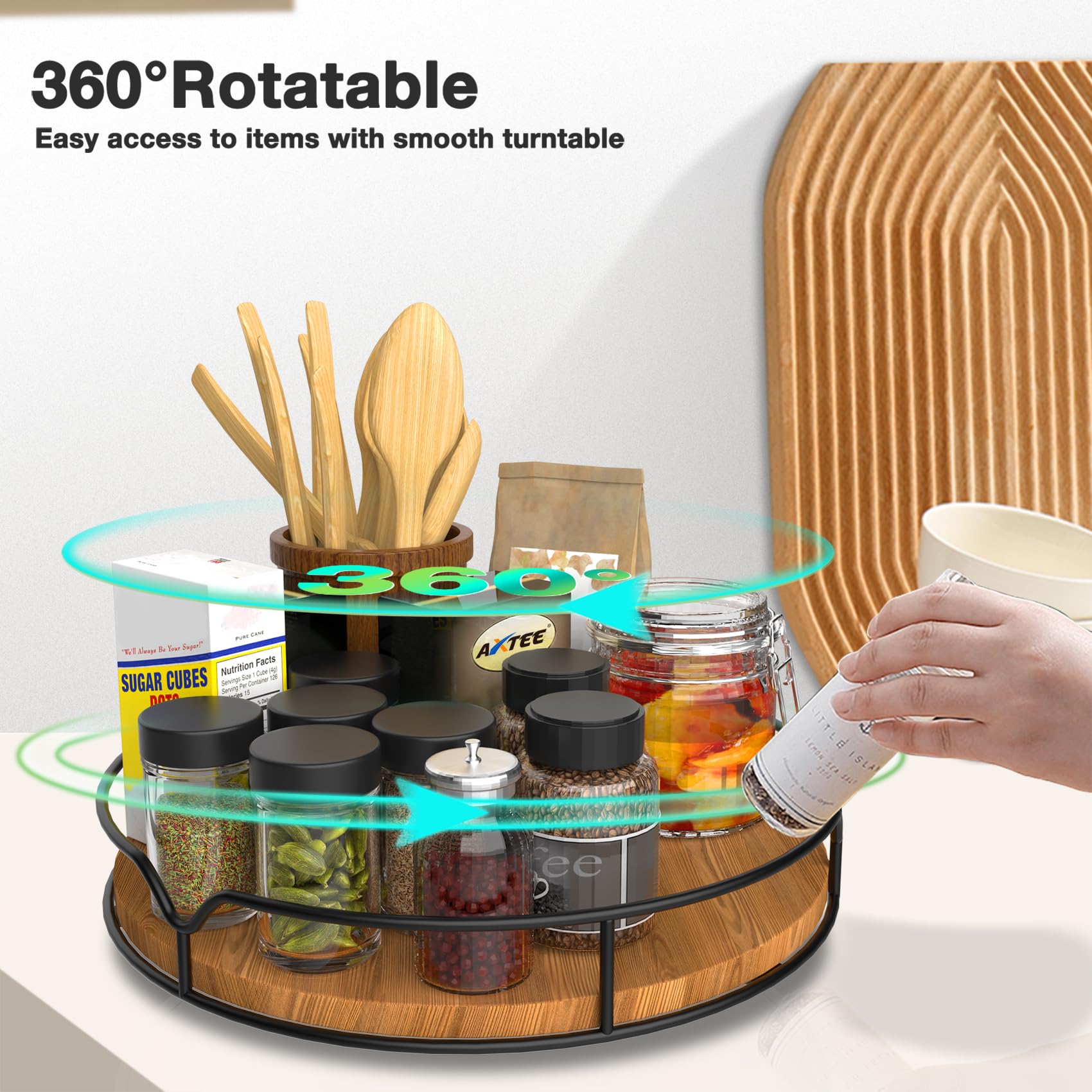 AXTEE Lazy Susan on wood kitchen counter keeps items visible and reachable