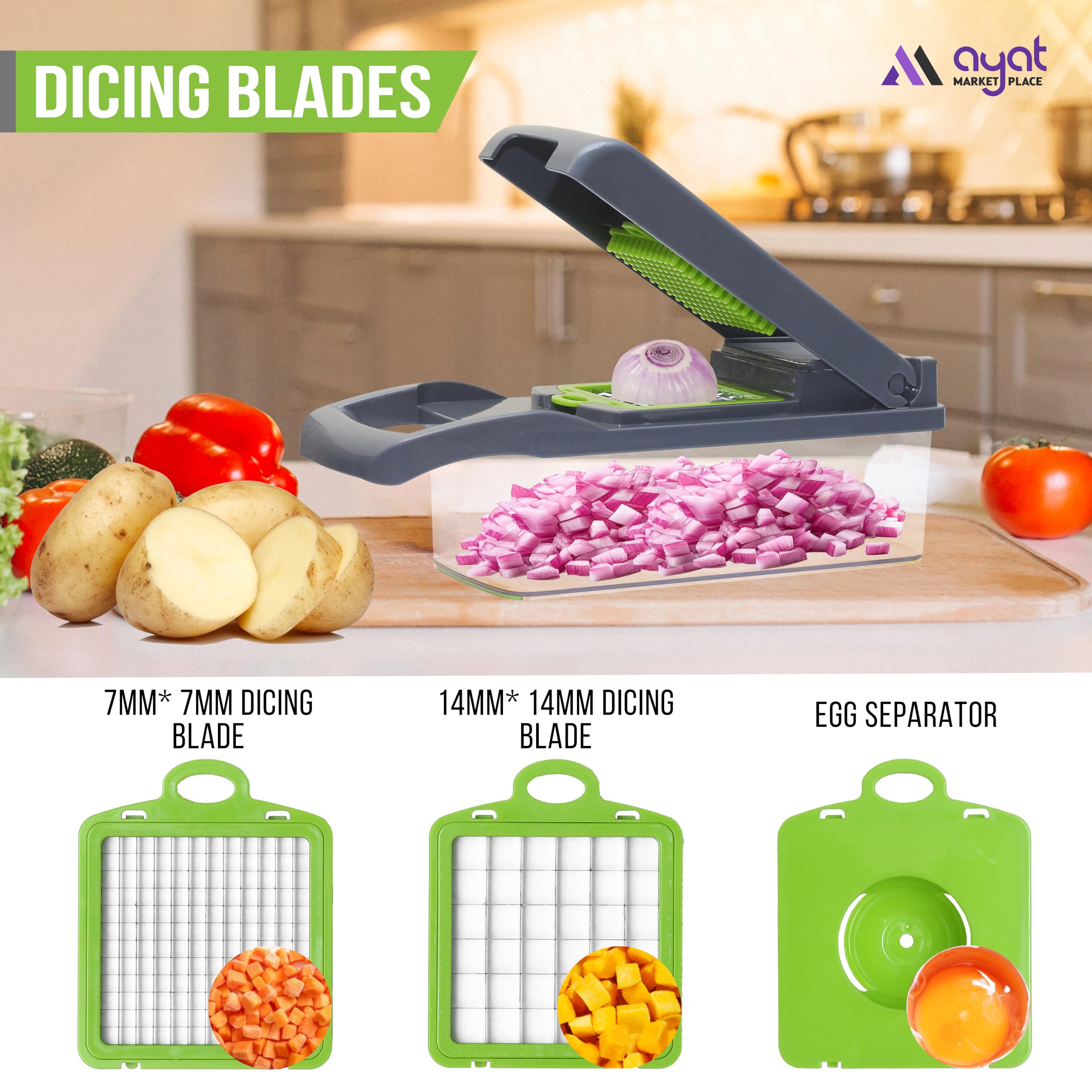 AYAT MARKETPLACE 16-in-1 chopper with interchangeable blades for versatile prep.