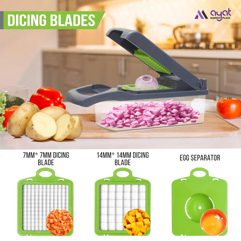 AYAT MARKETPLACE 16-in-1 chopper with interchangeable blades for versatile prep.