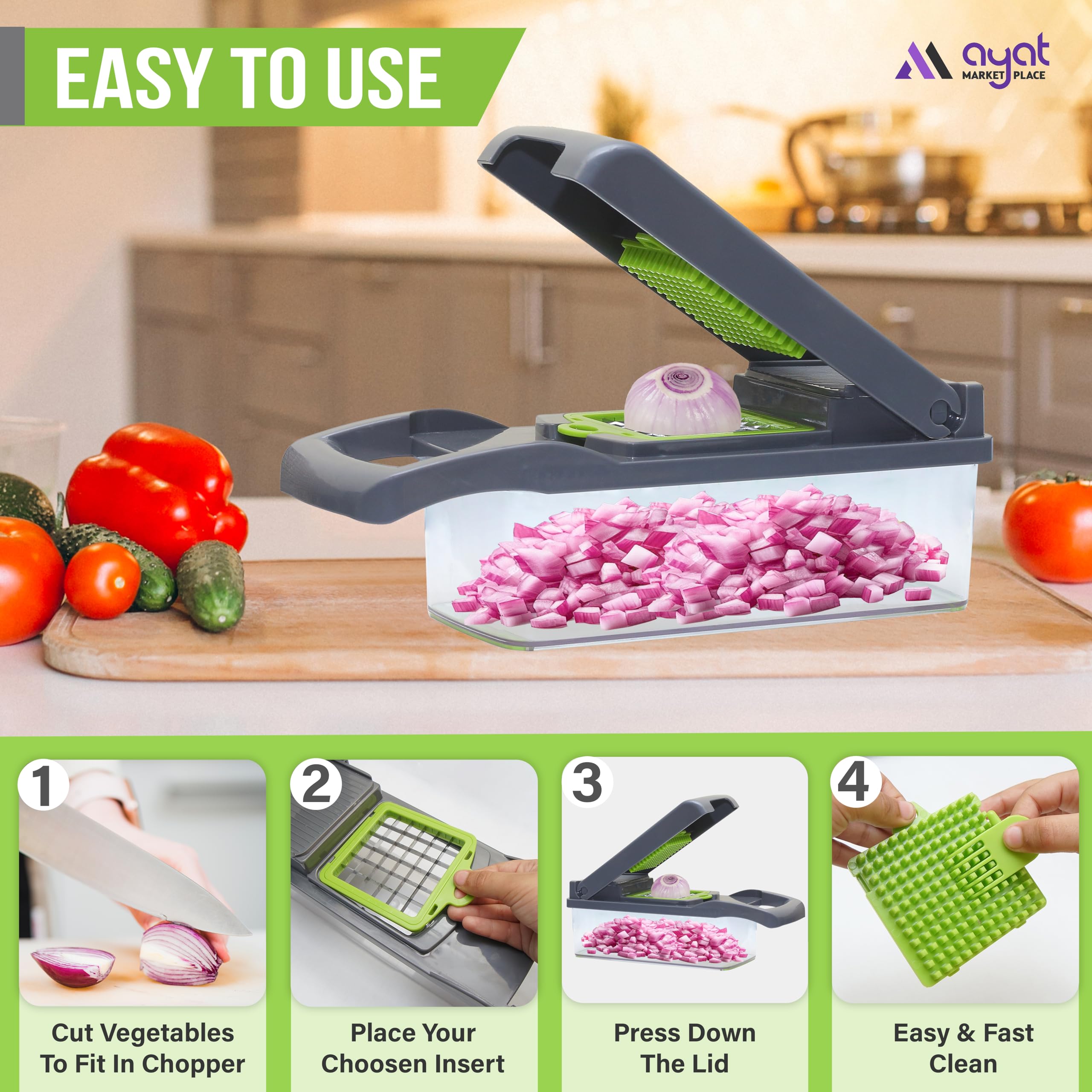 AYAT MARKETPLACE onion slicer with stainless steel blades delivering precise cuts.