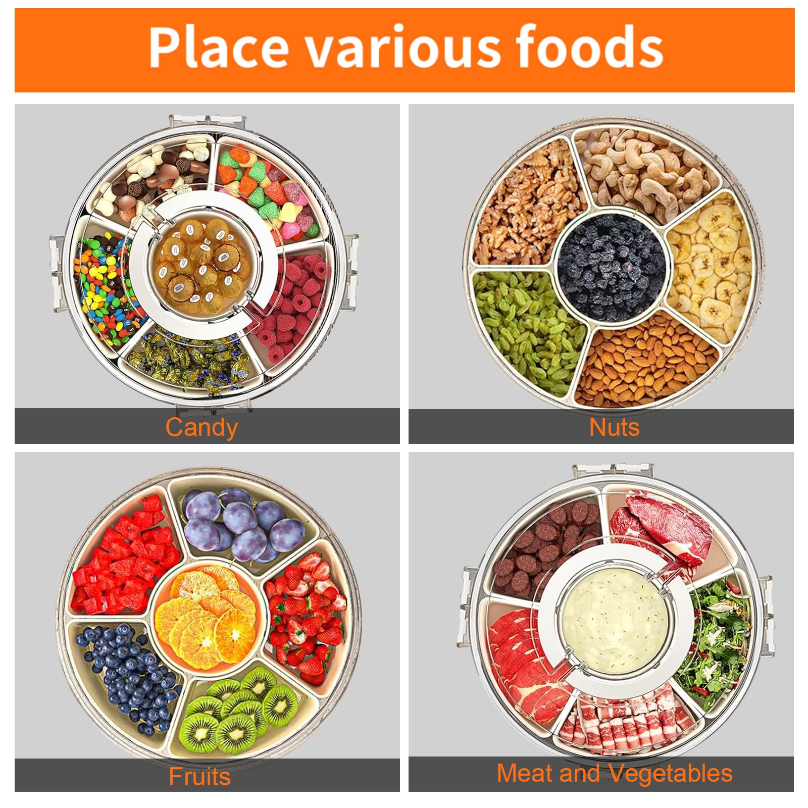 AYauGamA six-compartment tray keeps fruits, nuts, and snacks neatly separated for gatherings.