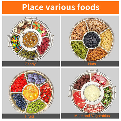 AYauGamA six-compartment tray keeps fruits, nuts, and snacks neatly separated for gatherings.