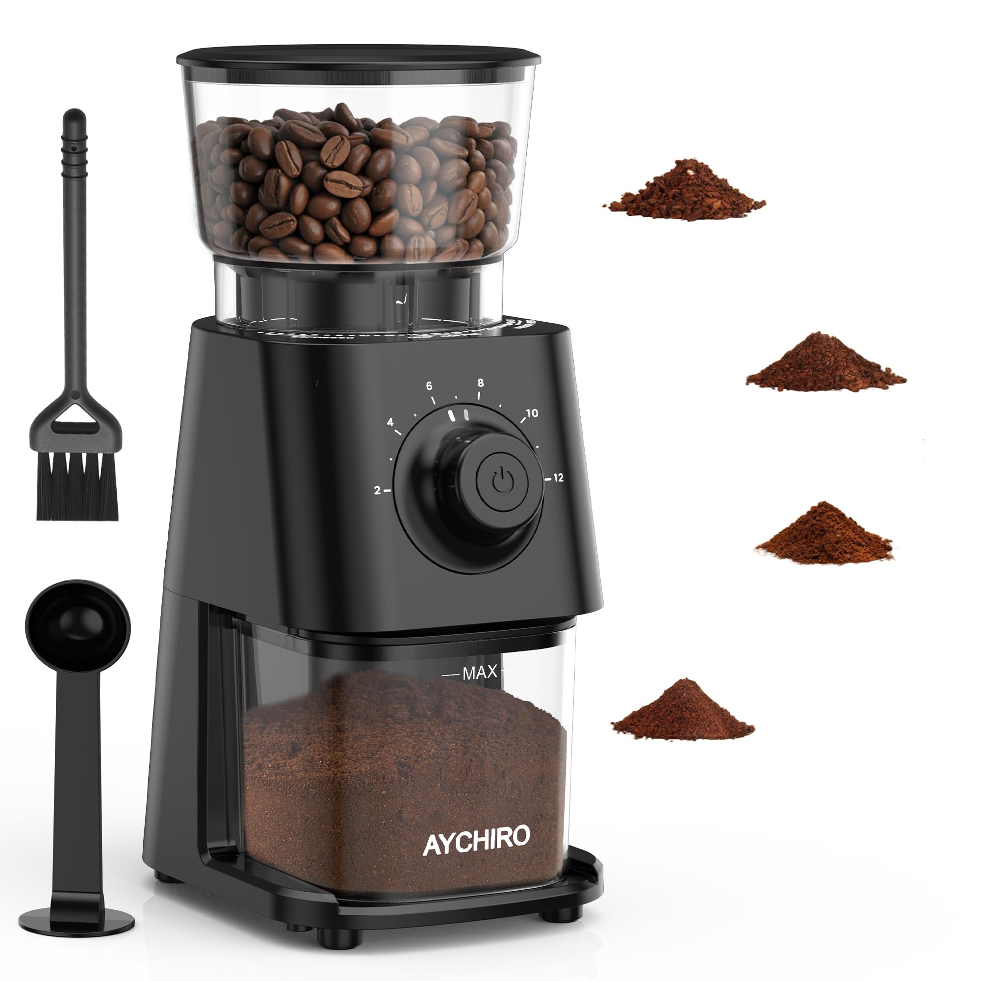 AYCHIRO coffee grinder showing 30 grind settings for espresso to French press