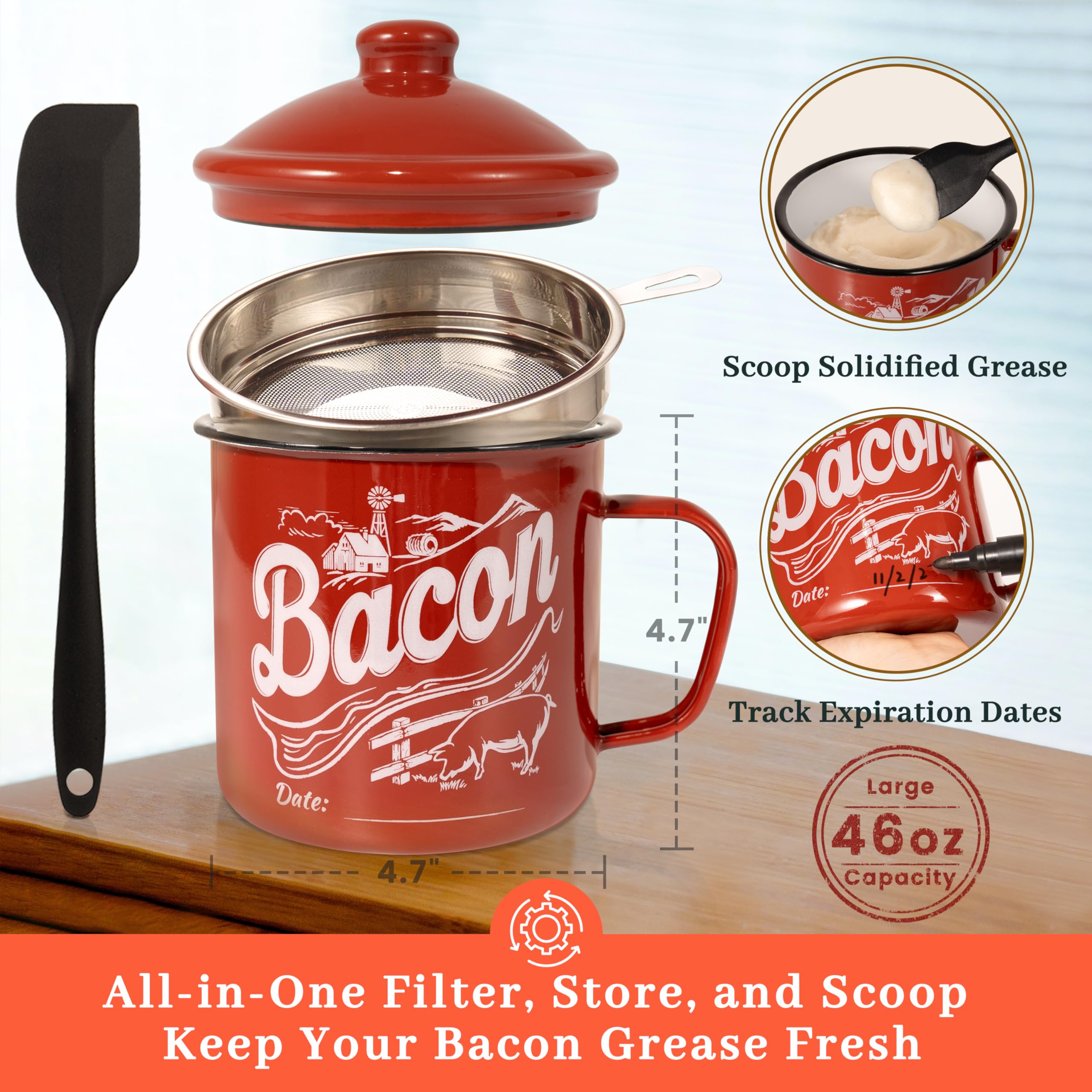 Ayerphalo 46oz grease keeper capacity highlighted for generous bacon drippings