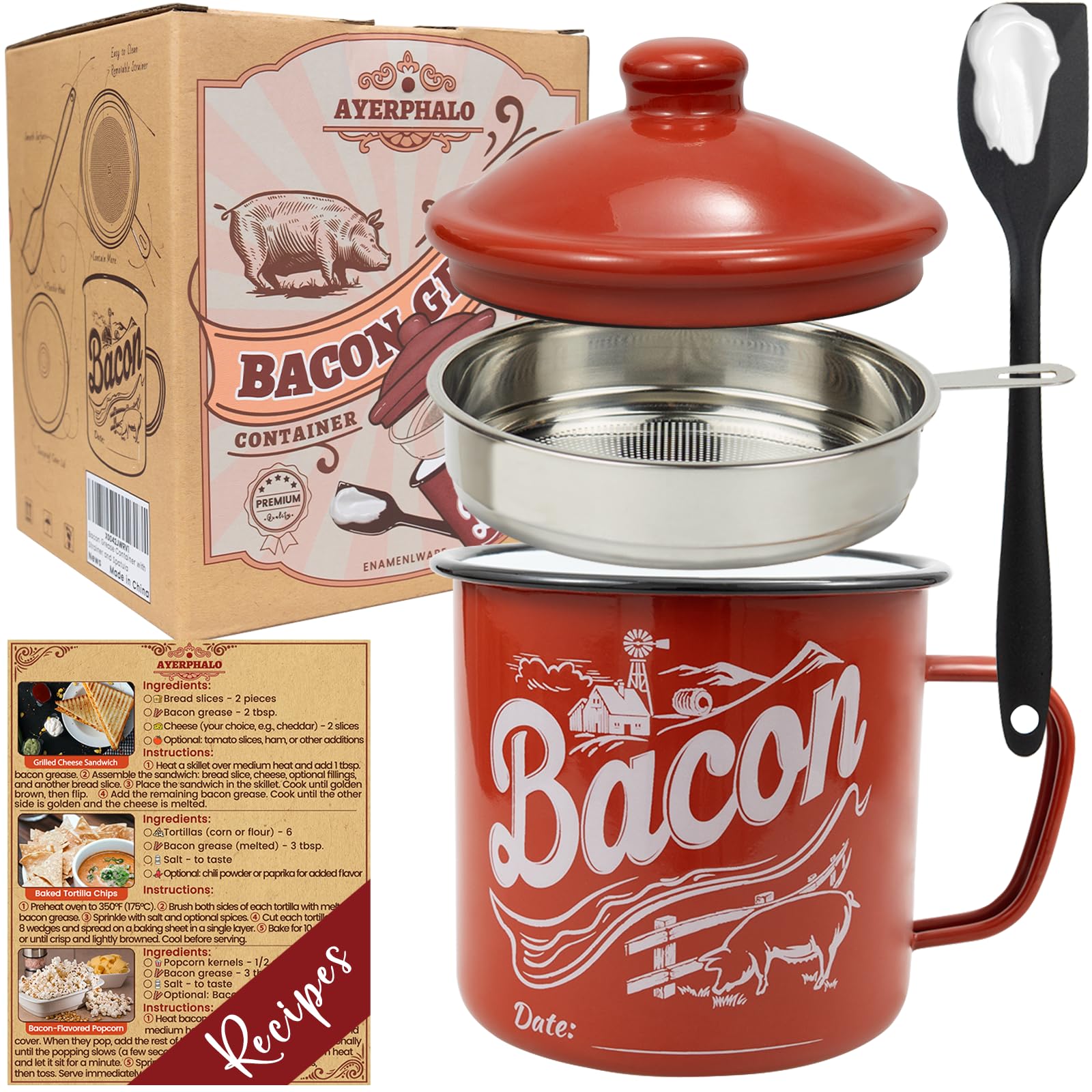Ayerphalo bacon grease container full view with enamel finish for clean countertop storage