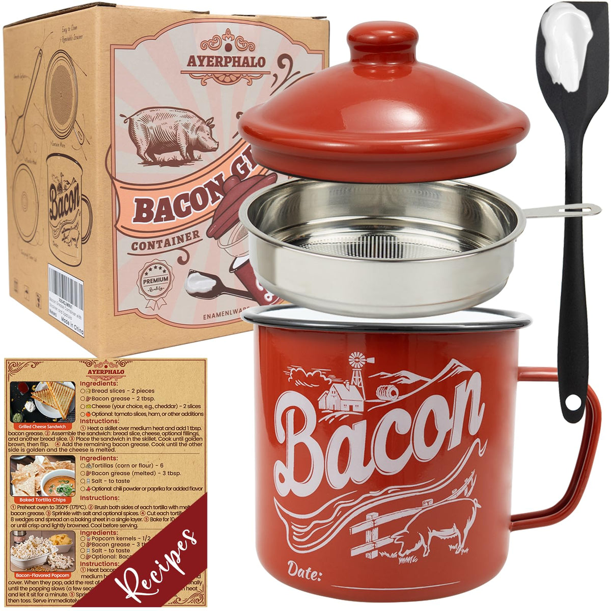 Ayerphalo bacon grease container full view with enamel finish for clean countertop storage