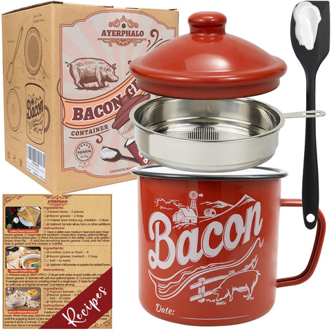 Ayerphalo bacon grease container full view with enamel finish for clean countertop storage