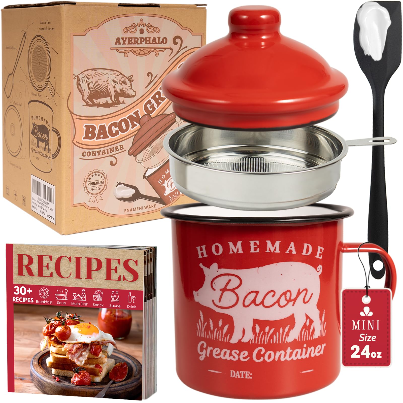 Ayerphalo bacon grease container with strainer keeps drippings clean for easy flavoring