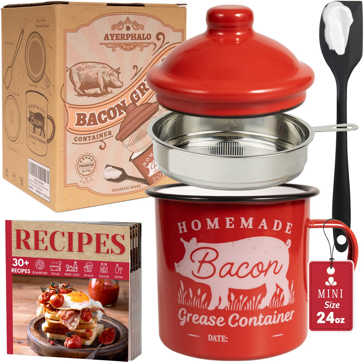 Ayerphalo bacon grease container with strainer keeps drippings clean for easy flavoring