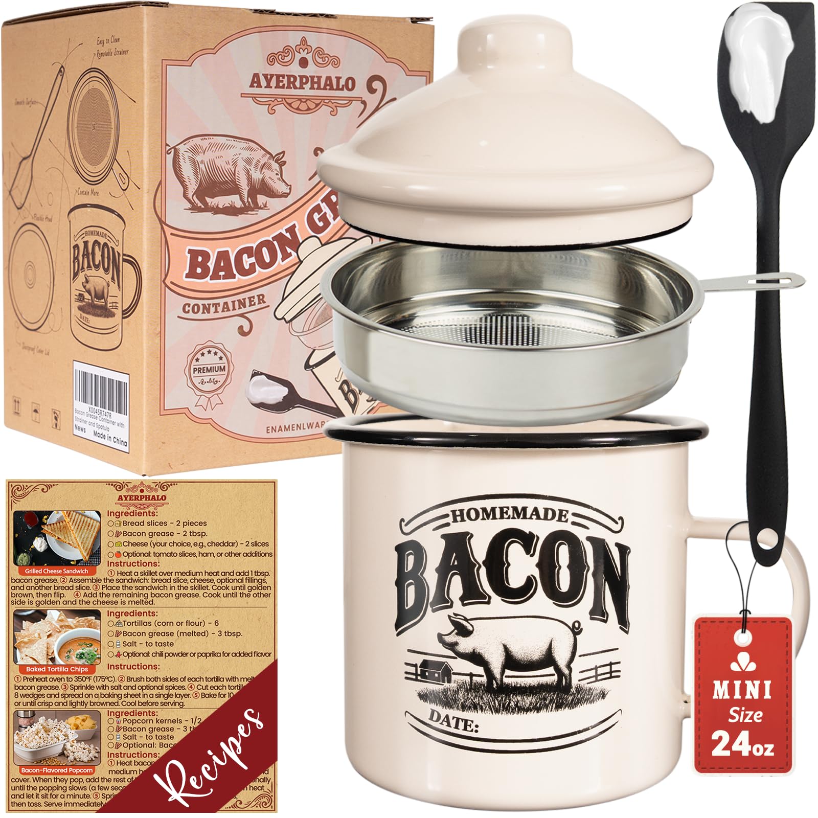 Ayerphalo bacon grease container with strainer on countertop for clean storage