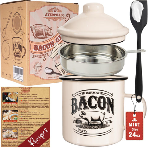 Ayerphalo bacon grease container with strainer on countertop for clean storage