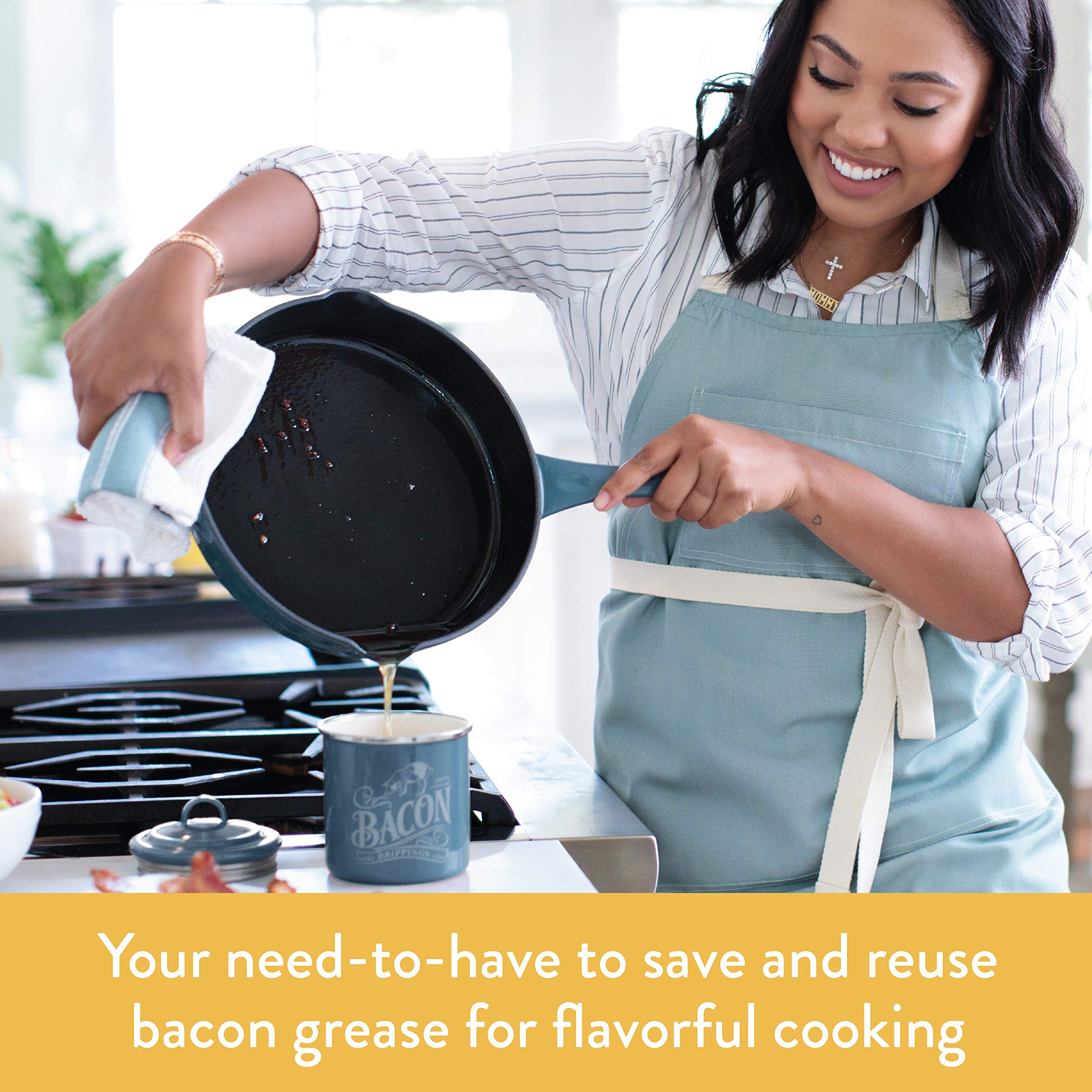 Ayesha bacon grease can on counter keeps kitchen organized and ready.