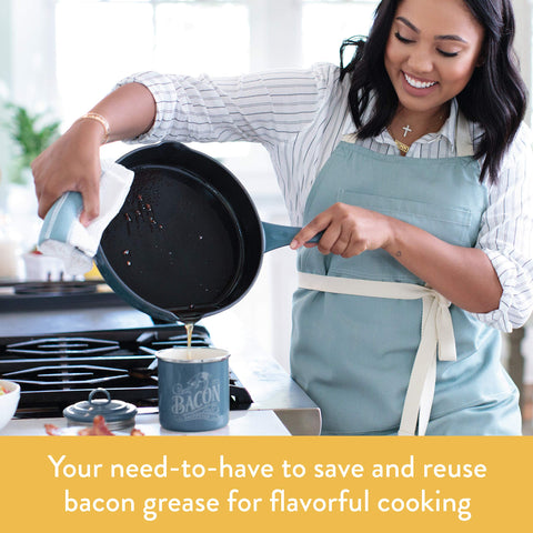 Ayesha bacon grease can on counter keeps kitchen organized and ready.