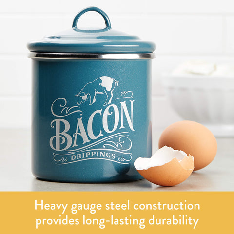 Ayesha enamel steel bacon grease can in blue tone highlights durable construction.