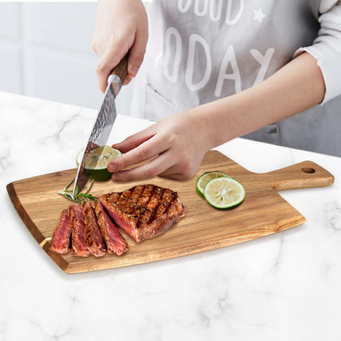 Ayiaren acacia cutting board with handle, side view highlighting thickness and stability