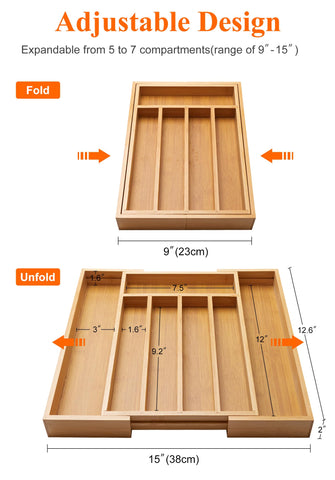 Ayiaren bamboo silverware tray left expandable panel for more utensils
