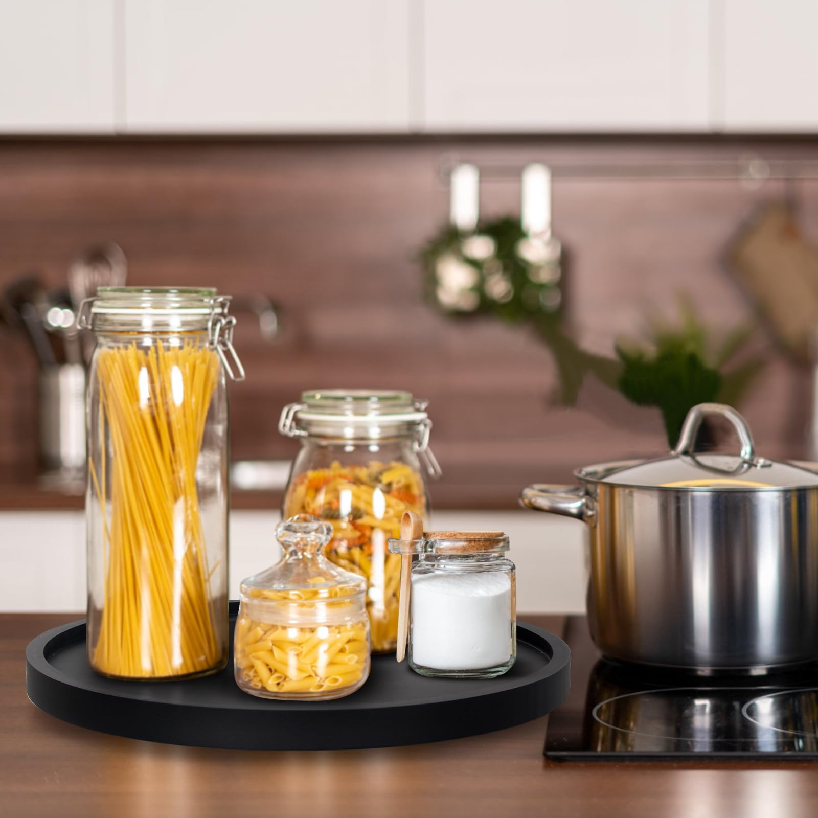 Ayiaren Black Wood Lazy Susan organizes spice jars and small items.