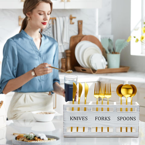 Ayiaren Farmhouse wooden utensil caddy compartments closeup showing three dividers.