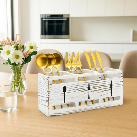 Ayiaren Farmhouse wooden utensil caddy on kitchen counter as decor with warm rustic charm.