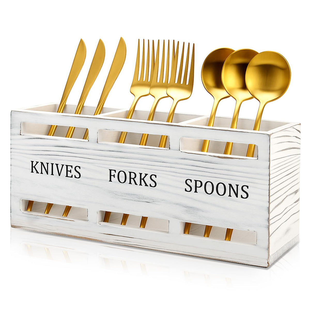 Ayiaren Farmhouse wooden utensil caddy front view for counter organization.