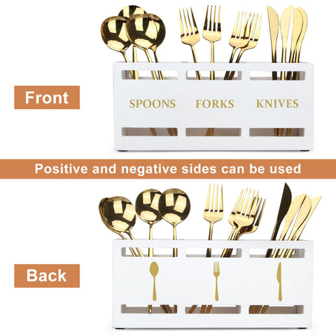 Ayiaren flatware caddy with cutouts helps guests identify spoons, forks, and knives.
