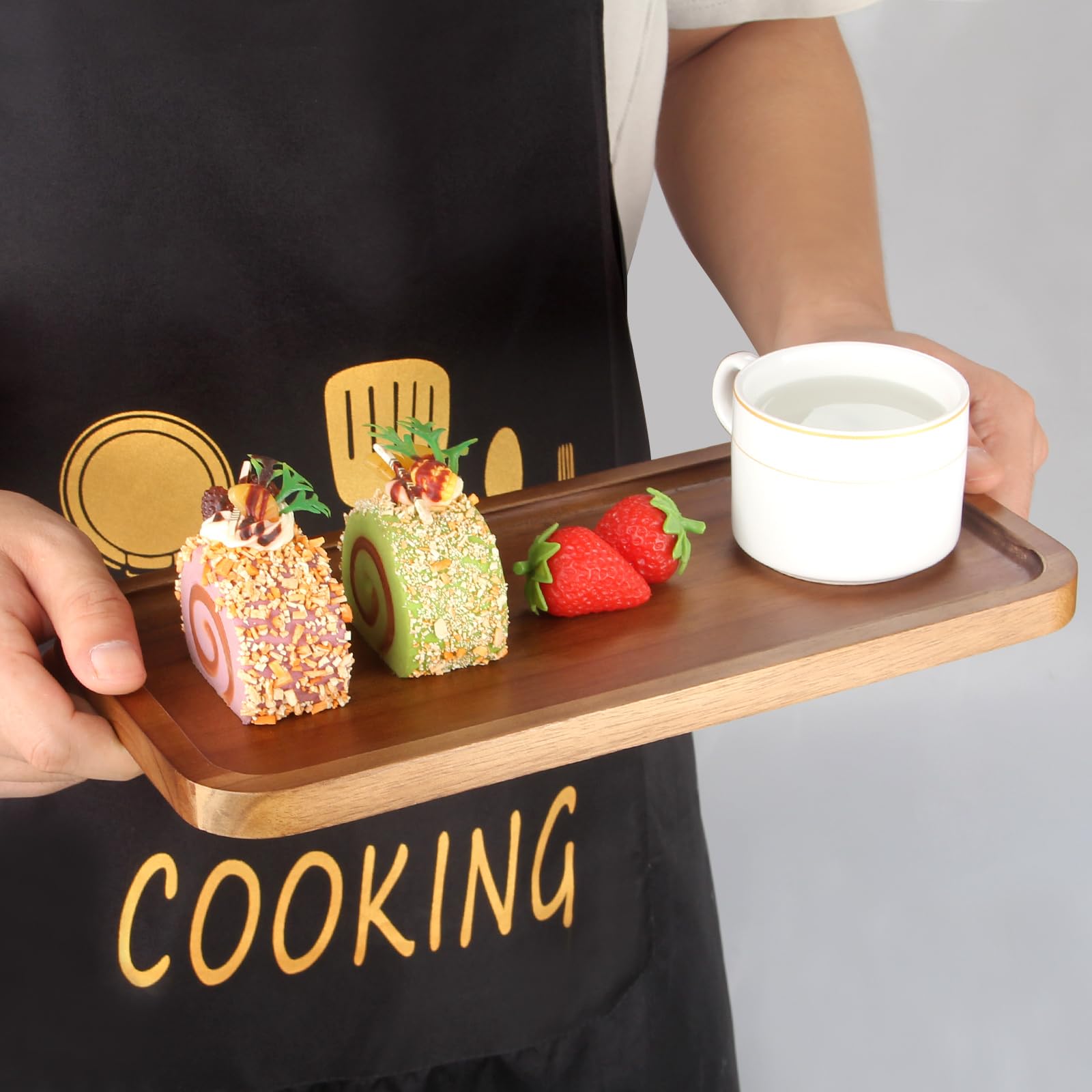 Ayiaren rustic farmhouse tray complements décor while serving bites.