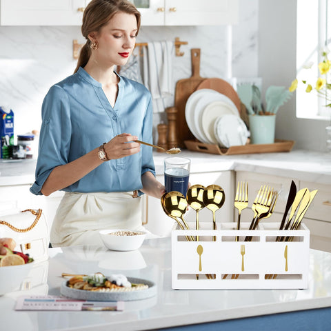 Ayiaren large-capacity utensil caddy with three compartments keeps cutlery organized.