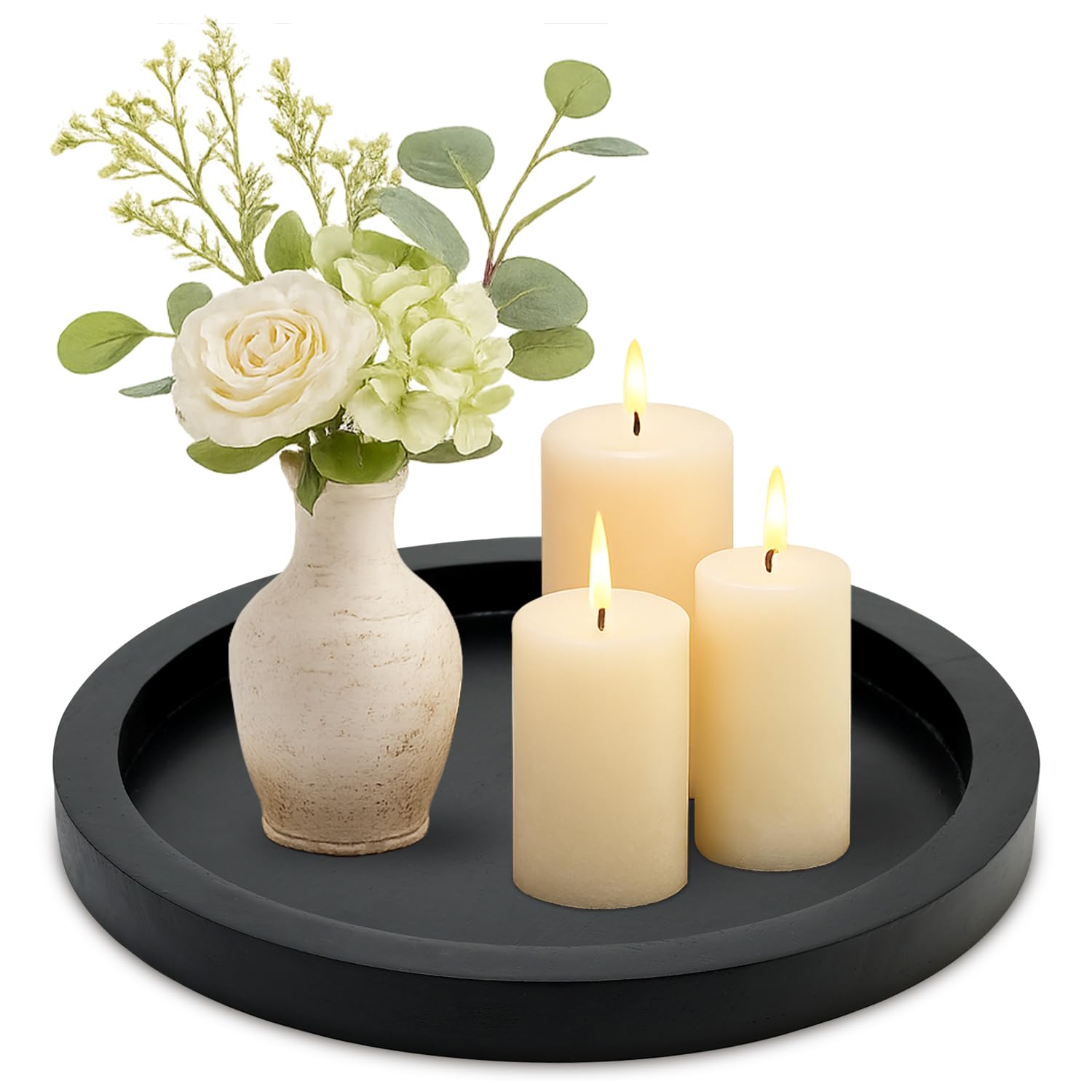 Ayiaren round tray on a coffee table, ideal for candles and small plants.