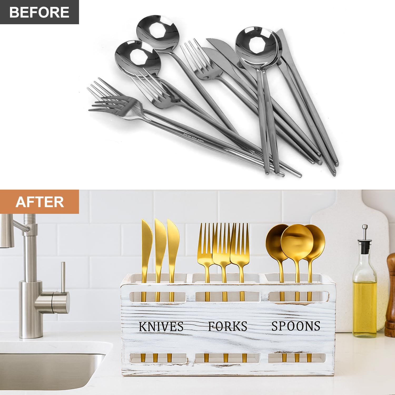 Ayiaren utensil caddy used during gatherings for easy access without touching utensil ends.