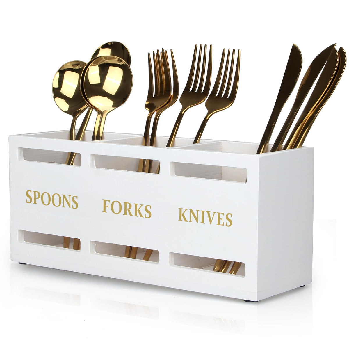 Ayiaren wood flatware caddy close-up showing natural grain for stylish kitchen organization.