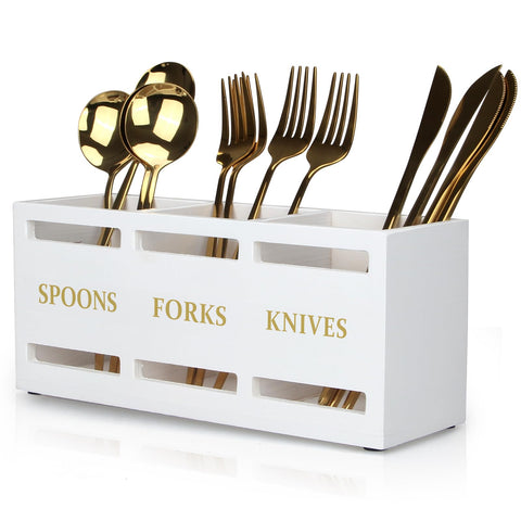 Ayiaren wood flatware caddy close-up showing natural grain for stylish kitchen organization.
