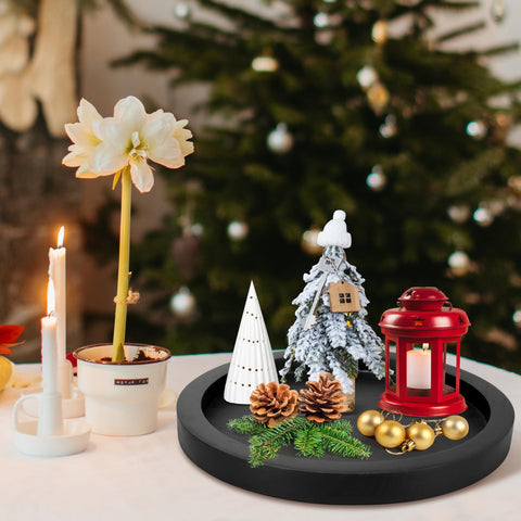 Ayiaren wooden tray used as a candle centerpiece, adding farmhouse charm.