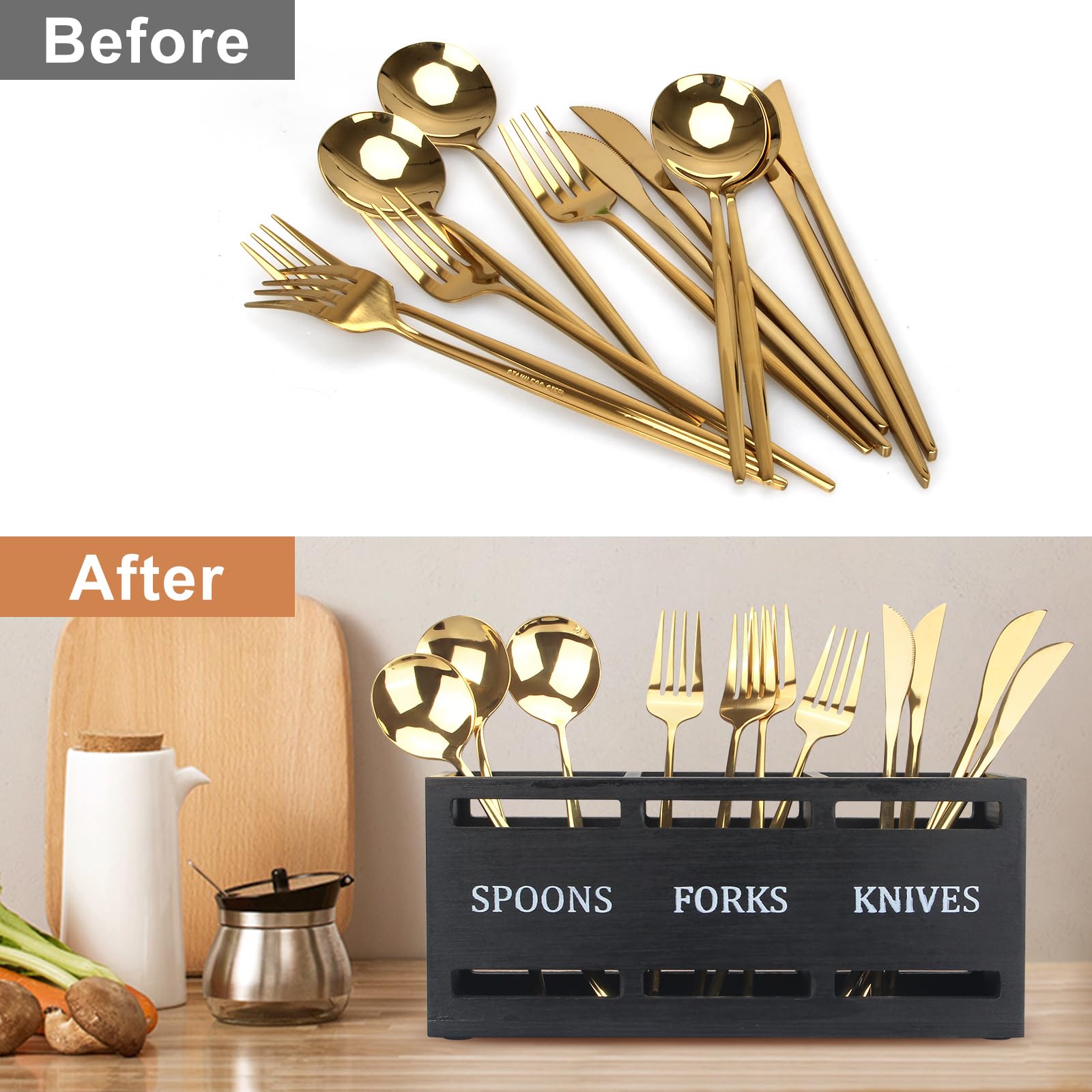 Ayiaren wood utensil holder doubles as a crafts, cosmetics, or camping organizer.