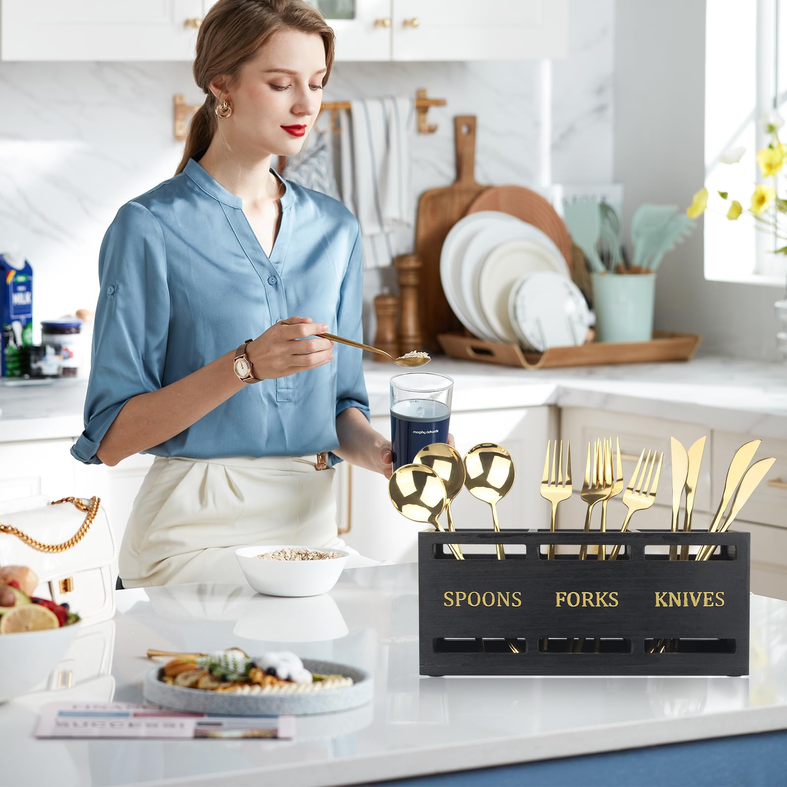 Ayiaren wooden silverware caddy shows large capacity for utensils