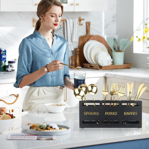 Ayiaren wooden silverware caddy shows large capacity for utensils