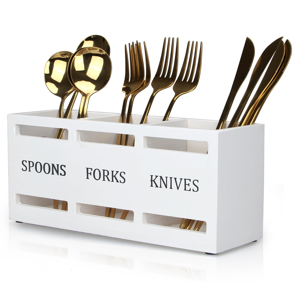 Ayiaren wooden silverware holder with 3 compartments keeps cutlery organized and easy to reach.