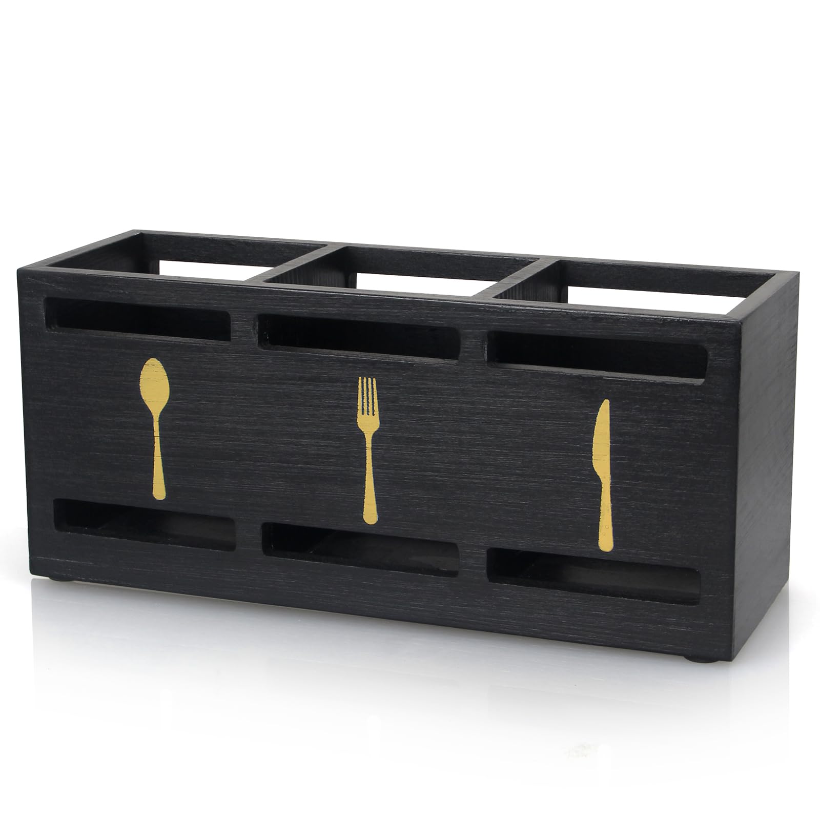 Ayiaren wooden silverware holder on countertop with three compartments for organized service